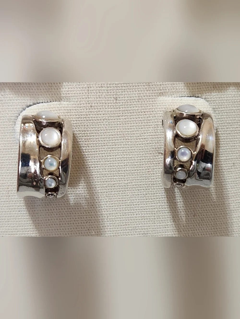Barse Chunky 925 Sterling Silver Mother of Pearl Modernist Wide Hoop Earrings - Picture 3 of 13